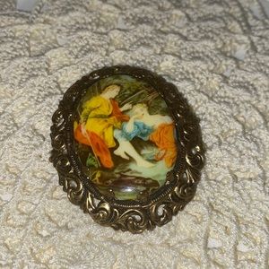 Porcelain Victorian oval brass brooch marked Western Germany